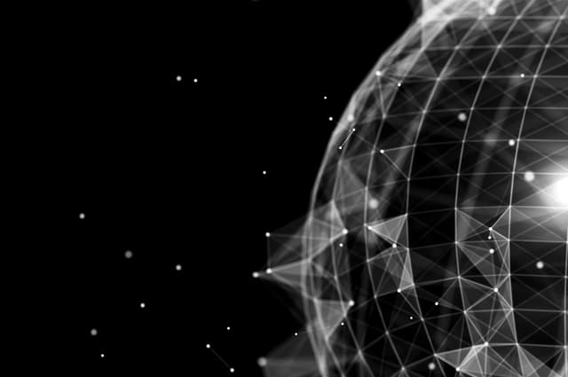 Abstract wireframe globe formed by interconnected points and lines on a dark background.