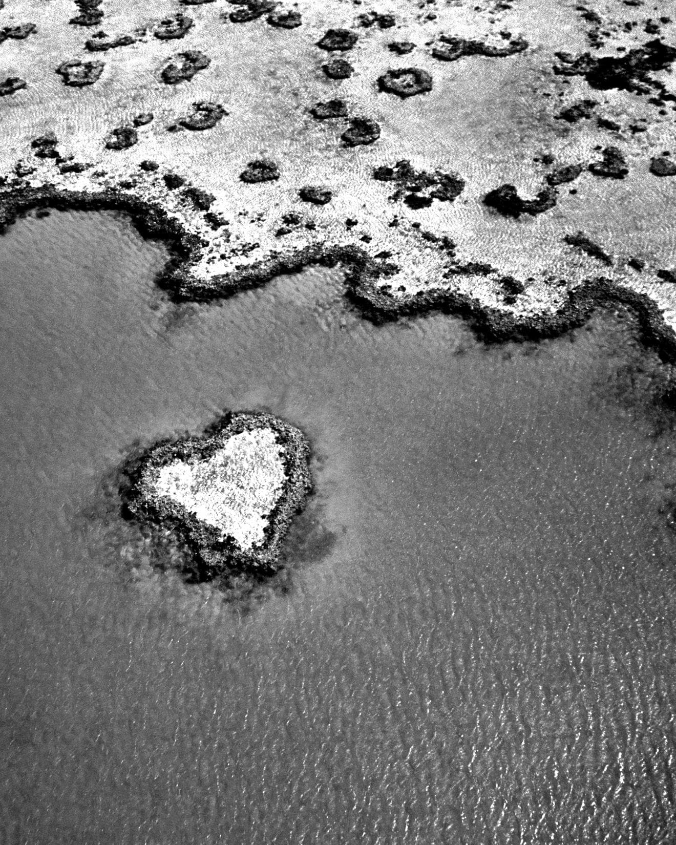 Black and white image of a small heart shaped island in the waters of Australia
