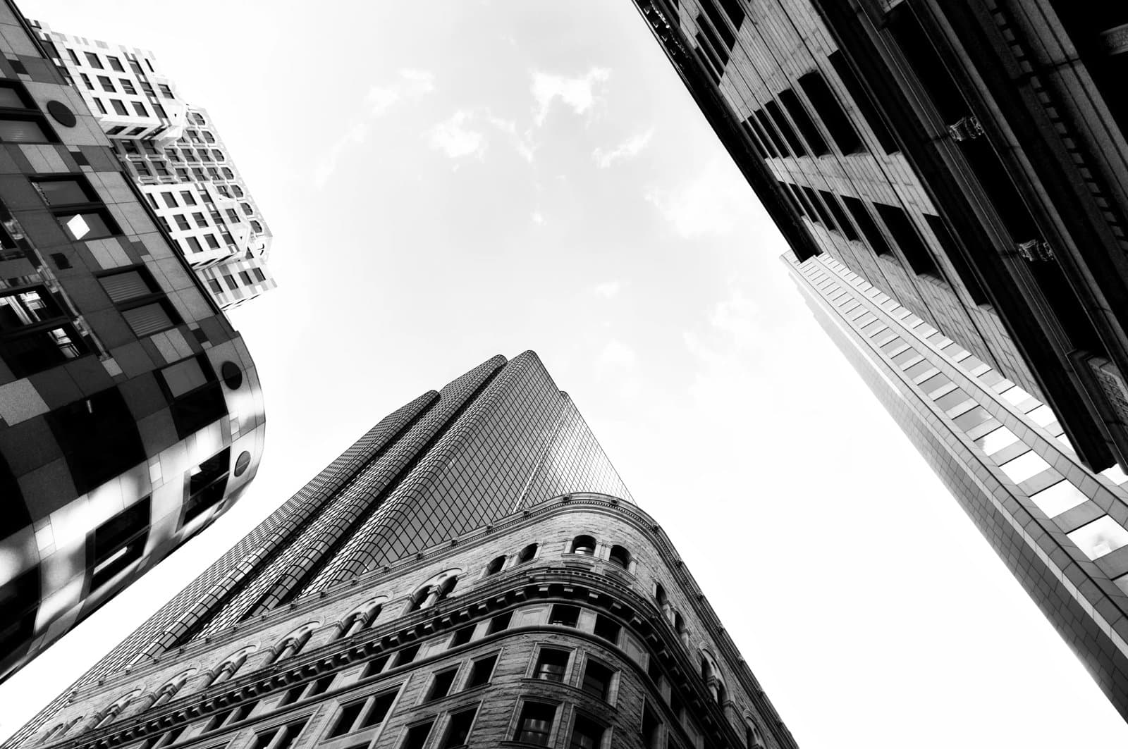 Low-angle view of modern city skyscrapers