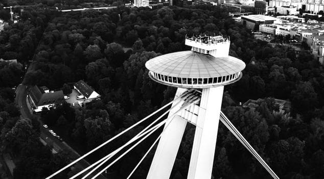 Panorama view of the Slovak National Uprising Bridge in Bratislava, Slovakia.
