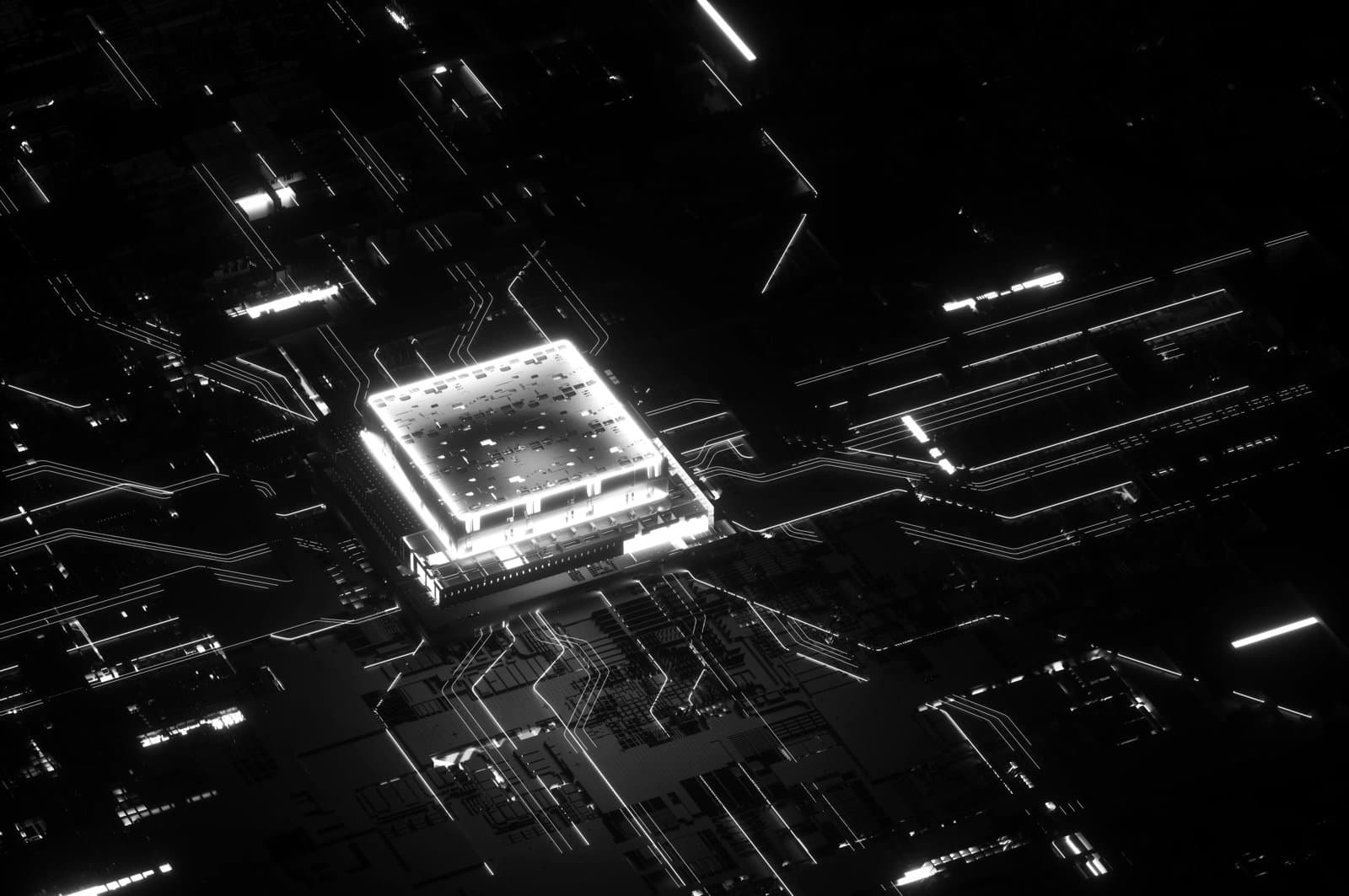 Glowing microchip on a circuit board with illuminated connections.