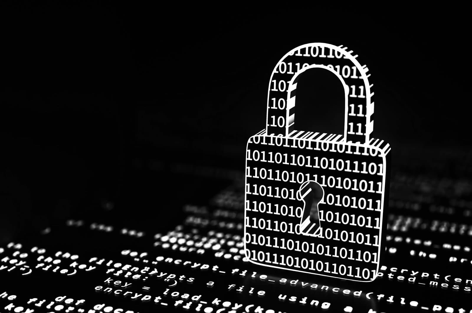 Padlock displaying binary code on a dark background with computer code