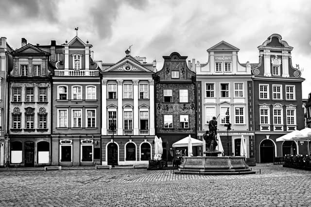 Facades on the central market square in Poznan, Poland