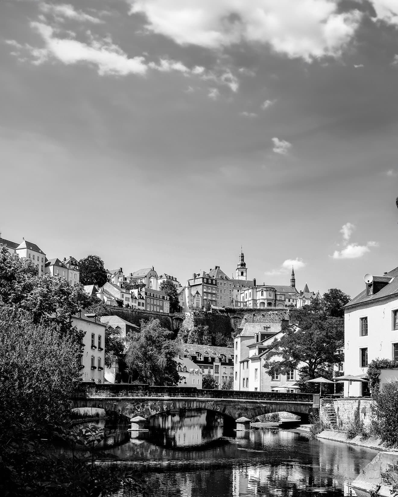 historic destrict Grund view from a bridge on Alzette river in Luxembourg