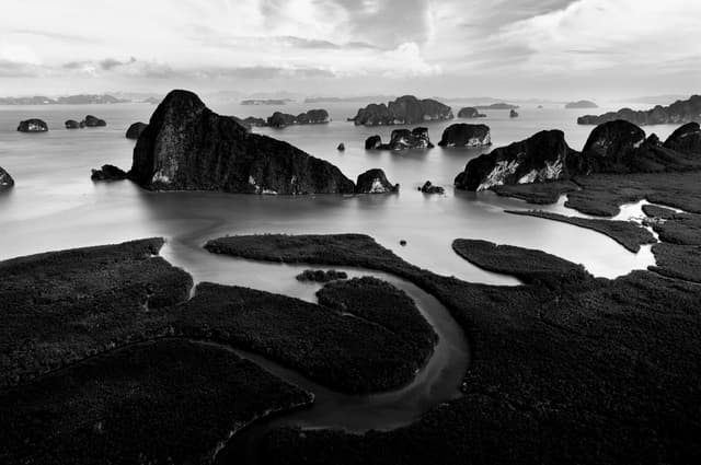 River and marsh land going into sea with rocks throughout
