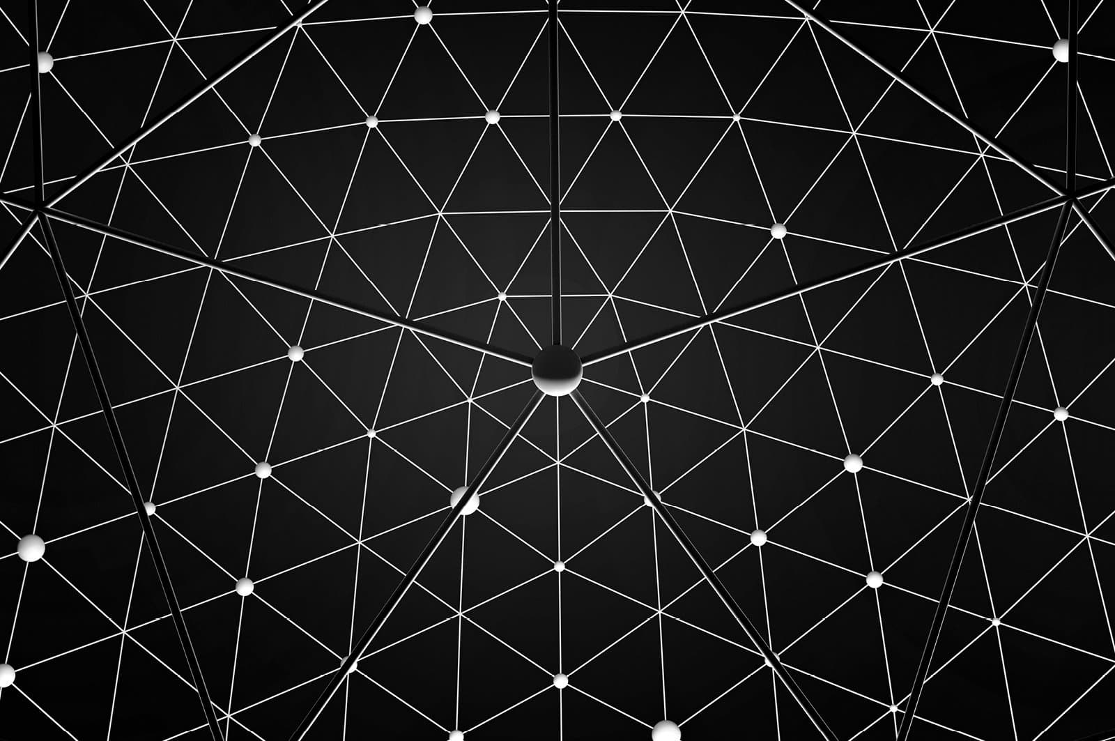 Geometric illustration on a solid black background, featuring a network of interconnected white/silver glowing nodes 