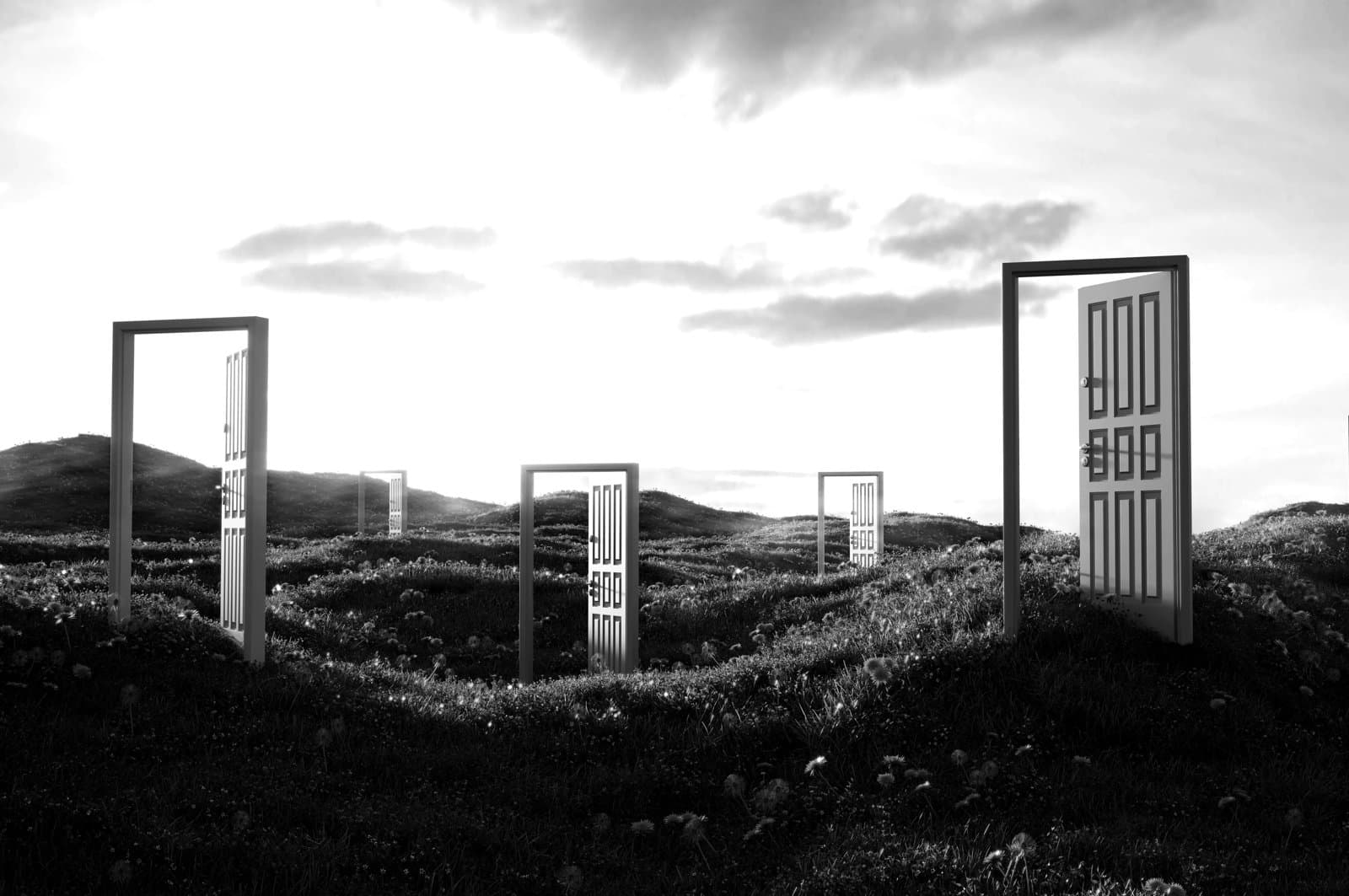 Open doorways standing across a grassy landscape