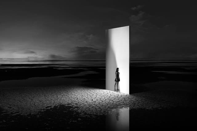 Person standing in the doorway of a tall illuminated portal in a dark landscape.